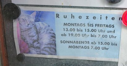 Ruhezeiten Montags bis Freitags 13:00 bis 15:00 Uhr und ab 19:00 Uhr bis 07:00 Uhr, Sonnabends ab 15:00 bis Montags ab 7:00 Uhr